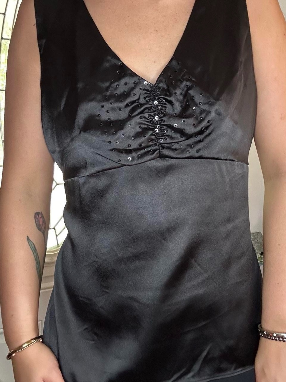 George Black Satin V-Neck Beaded Slip Top